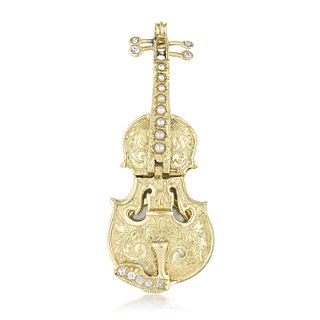Vintage Pearl and Diamond Gold Violin Watch/Brooch