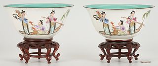 Pr. Chinese Porcelain Bowls with Turquoise Glaze and Figural Decoration