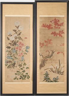 Pair of Framed Japanese Scroll Paintings, Summer and Spring 
