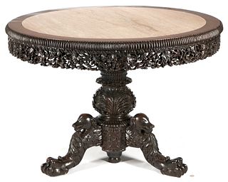 19th C. Figural Carved Center Table with Marble Top, Dogs, Birdcage  