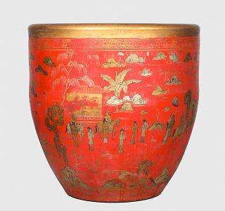 Large Chinese Red Ceramic Fishbowl