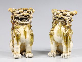 Pair Vintage Chinese Ceramic Guard Lions