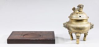 Group of Two Chinese Carved Wood Inkstone and Brass Censer