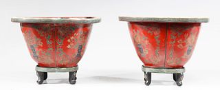 Pair Chinese Red Lacquer Jardiniere