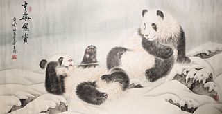 Vintage Chinese Scroll, Pandas in Snow