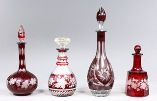 Group of Four Vintage Red Czech Glass Decanters