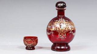 Group of Two Vintage Hand Painted Red Glass Decanter and Cup