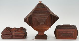 3 Tramp Art Carved Wooden Boxes