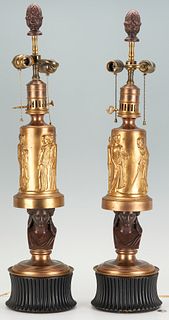 Pair Neoclassical Parcel Gilt Bronze Lamps, Barbedienne 