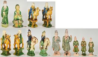 13 Chinese Sancai Glazed Figural Roof Tiles & Tomb Figures, incl. Shouxing