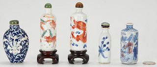 5 Asian Porcelain Snuff Bottles including Fish, Dragon decoration 