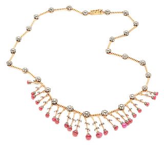 Ladies 18K, Ruby & Diamond Fringe Necklace