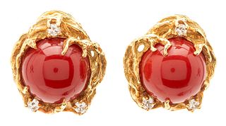 18K Coral & Diamond Earrings