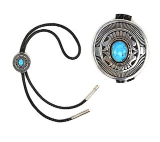 Leonard Nez - Navajo - Turquoise, Sterling Silver, and Leather Bolo Tie c. 2000s, 2" x 2" bolo (J15707)