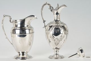 Sterling water pitcher and Victorian wine funnel and Ewer 
