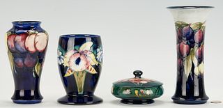 4 Pcs Moorcroft Art Pottery, Incl. Wisteria, Orchid, & African Lily, 3 William Moorcroft Signed