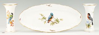 3 Meissen Porcelain Bird & Insect Items, Vases & Platter