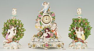 Sitzendorf Porcelain Clock plus pair Chelsea Candlesticks