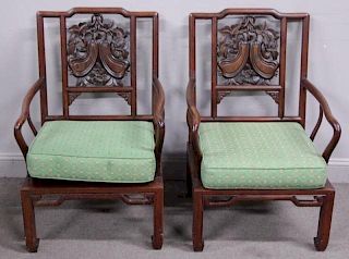 Pair of Antique Chinese Carved High Back Arm