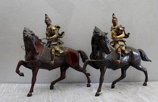 Pair of Signed Japanese Bronze Warriors on Horses.