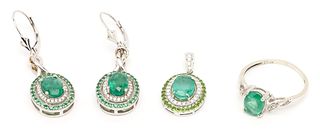 Ladies Gold & Silver Jewelry Set w/ Emeralds & Diamonds