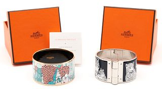 2 Limited Edition Hermes Extra Wide Printed Enamel Bracelets, Wild Cats