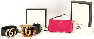 3 Gucci Items, incl. 2 GG Marmont Wide Belts, Crystal & Oversized Plus Wrist Wallet