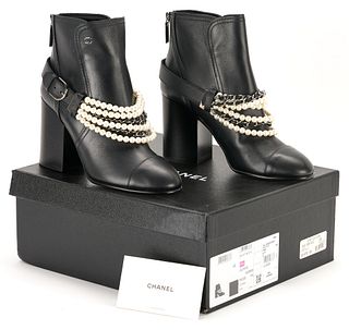 Chanel Calfskin Pearl Cap Toe Ankle Boots