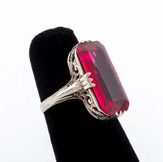 Vintage 14K White Gold Synthetic Ruby Ring
