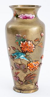 Japanese Polychrome Enameled Brass Vase