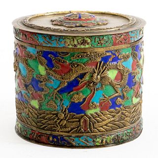 Chinese Enameled Brass Tea Caddy