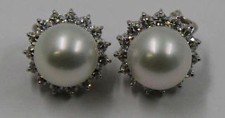JEWELRY. Large Pearl and Diamond Ear Clips.