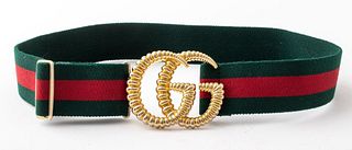 Gucci Gold-Tone Metal Logo Buckle Red Green Belt