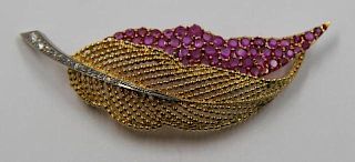 JEWELRY. 18kt Gold, Ruby, and Diamond Feather