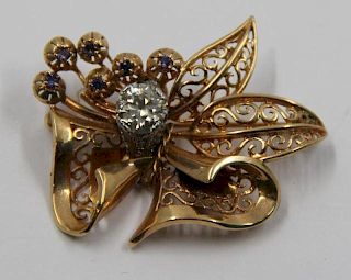 JEWELRY. 14kt Gold, Diamond and Sapphire Brooch.
