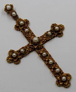 JEWELRY. 18kt Gold and Pearl Cross Pendant.