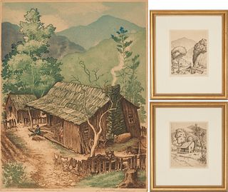 3 Leon Pescheret etchings: Mt. LeConte, Gatlinburg, Turkey Nest Way