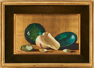 M.W. Huggins Oil on Board Painting, Still Life with Shells