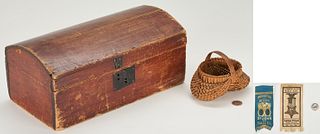 19th c. New York Keepsafe Box, Miniature Buttocks Basket, 2 Political Ribbons