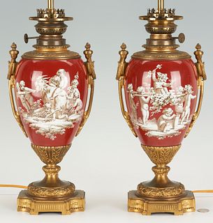 Pair Empire Paris Porcelain Ormolu Mounted Lamps 