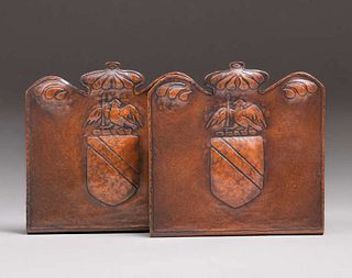 Arts & Crafts Hammered Copper Eagle Crest Bookends c1910s