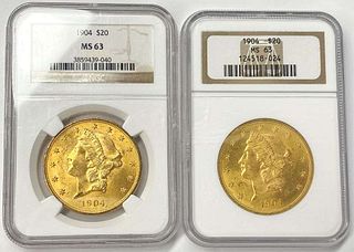Last Minute! (2-coins) 1904 Gold Liberty Head $20 NGC MS63