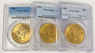 Last Minute! (3-coins) 1900-1904 Gold Liberty Head $20 PCGS MS63