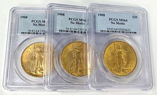 Last Minute! (3-coins) 1908 Gold Saint Gaudens $20 PCGS MS64