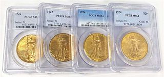 Last Minute! (4-coins) 1922-1924 Gold Saint Gaudens $20 PCGS MS64