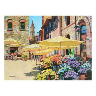 Howard Behrens (1933-2014), "Siena Flower Market" Limited Edition on Canvas, Numbered and Signed with COA.
