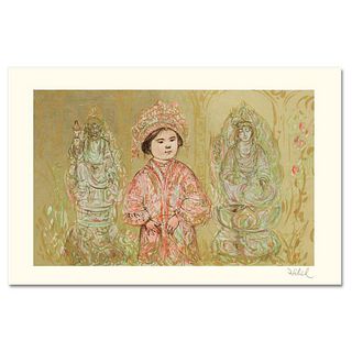 Willie and Two Quan Yins Limited Edition Lithograph by Edna Hibel, Numbered and Hand Signed with Certificate of Authenticity.
