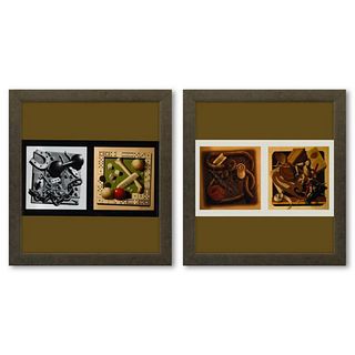 Victor Vasarely (1908-1997), "Etude De Matiere (1,4) et Etude De Matiere (2,3) de la serie Graphismes 1 (Diptych)" Framed 1977 Heliogravure Prints wit