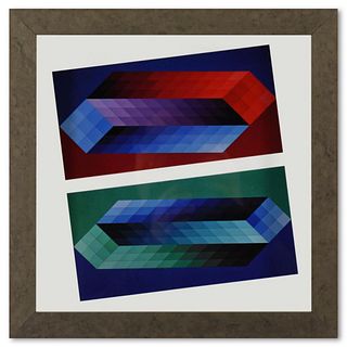 Victor Vasarely (1908-1997), "Tridim (T, TT) de la sÃ©rie Hommage A L'Hexagone" Framed 1971 Heliogravure Print with Letter of Authenticity