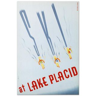 RE Society, "Ski at Lake Placid" Hand Pulled Lithograph, Image Originally by Maurier. Includes Letter of Authenticity.